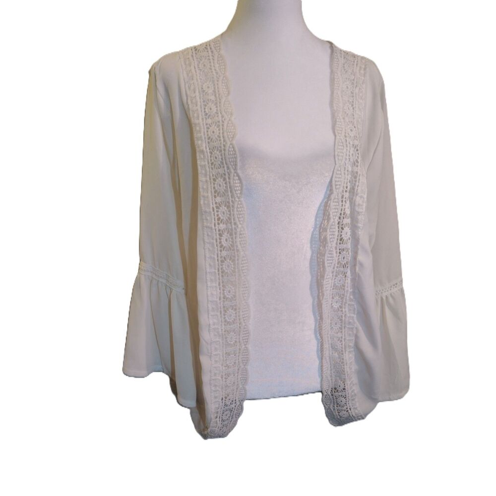 White Bohemian Crochet Lace Trim Open Front Kimono Cardigan Size S